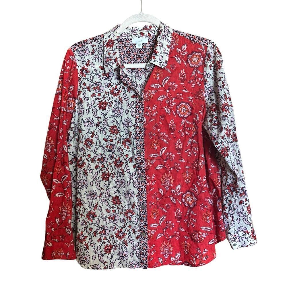 J Jill Top Womens Medium Petite Multicolor Boho Floral Button Up Collared Blouse